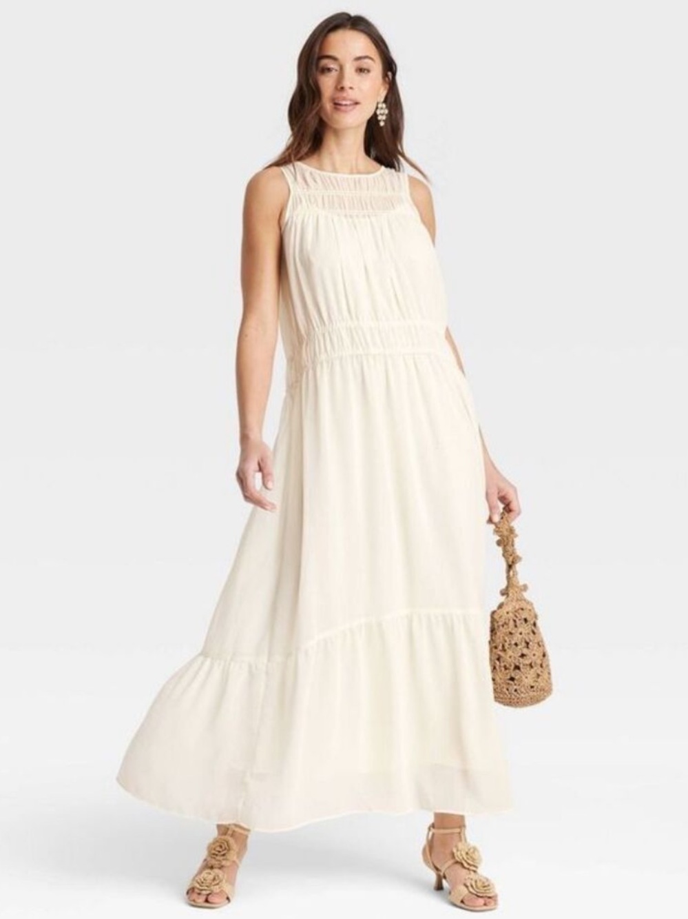 A New Day Sheer Chiffon Maxi Dress in Cream Greek Goddess Smocked Women’s M NEW
